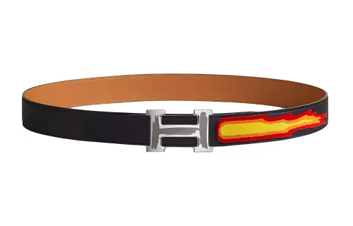 HERMES Palladium Plated Metal, Calfskin Leather Belts Men's Width 3.3cm