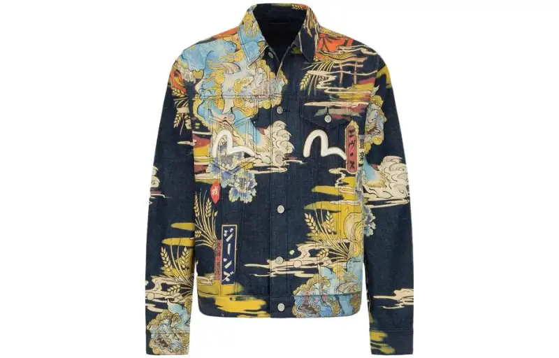 EVISU Denim Jackets Men's Multicolor Lapel Moderate Straight Fit