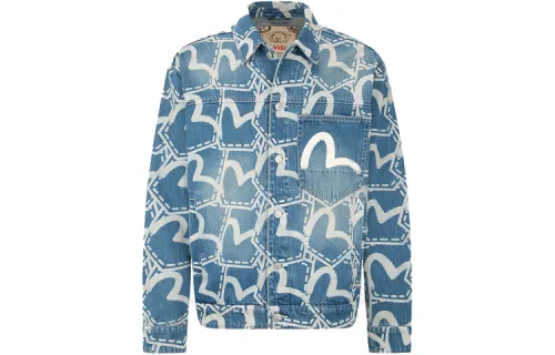 EVISU Denim Jackets Men's Denim Blue Lapel Moderate Straight Fit