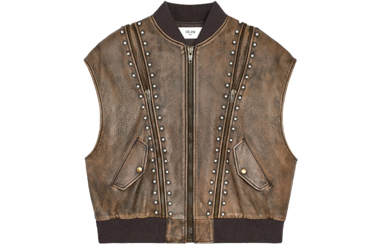 CELINE Leather Jackets Men's Brown V Neck Moderate Other