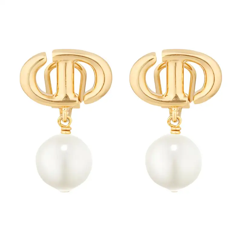 DIOR Resin Pearl Clip On Earrings Women's Gold