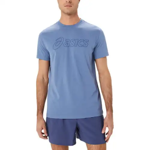 ASICS T Shirts Men's Denim Blue Crew Neck Moderate Straight Fit