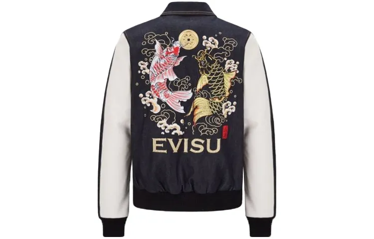 EVISU Denim Jackets Men's Black Lapel Moderate Straight Fit