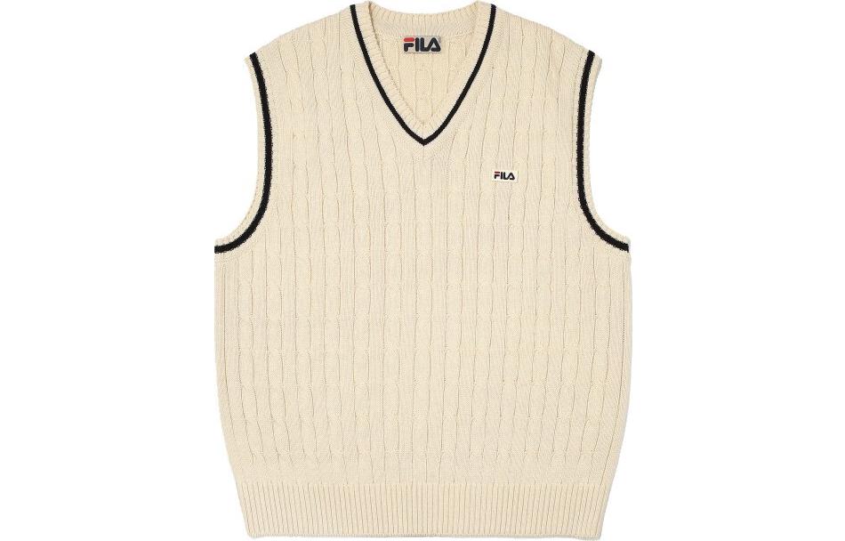 FILA Vests Unisex Khaki V Neck Moderate Knitted Fabric