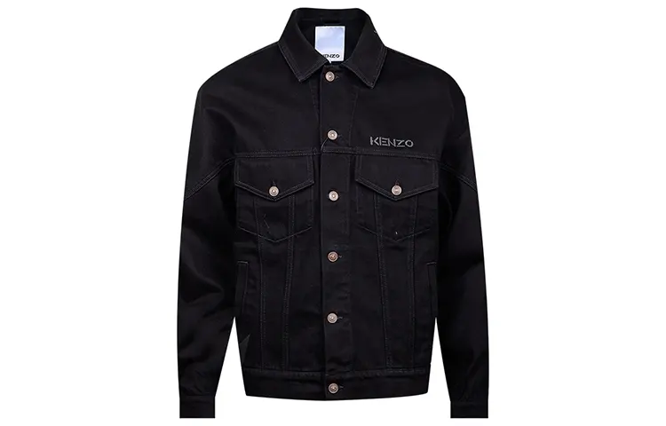 KENZO Denim Jackets Men's Black Lapel Moderate Straight Fit