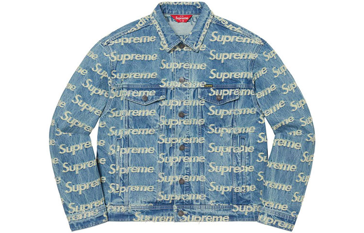 Supreme Week 10 Frayed Logos Denim Trucker Jacket Frayed Logo Full-print Logo American Trendy Denim Jacket Autumn Same Style for Men and Women