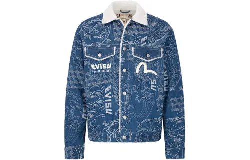 EVISU Denim Jackets Men's Denim Blue Lapel Thickened And Fleece Lined Straight Fit