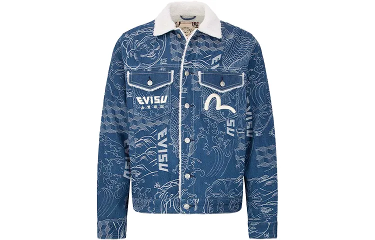 EVISU Denim Jackets Men's Denim Blue Lapel Thickened And Fleece Lined Straight Fit