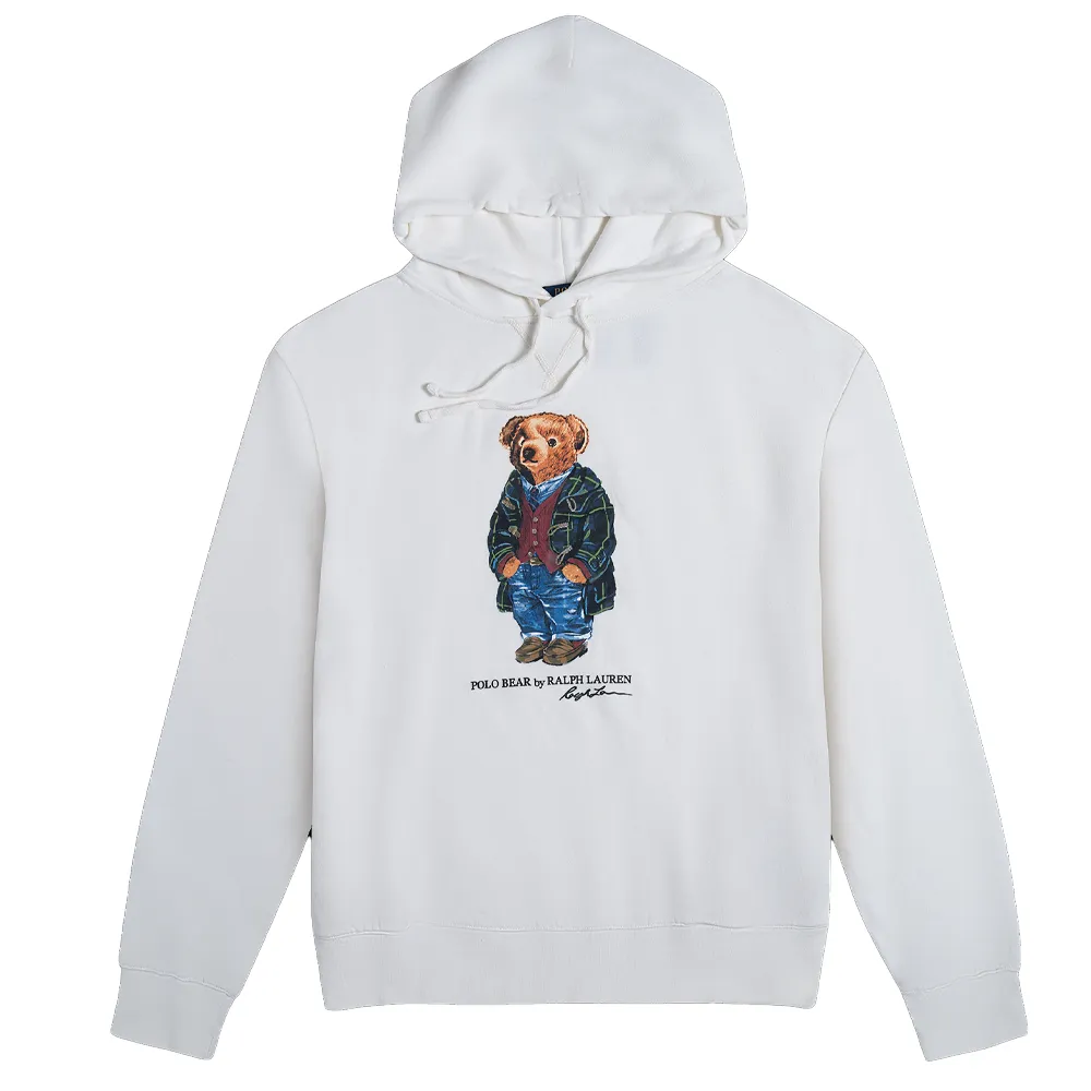 Polo Ralph Lauren FW23 Bear Print Hooded Fleece Lined Long Sleeved Sweatshirt Men's White