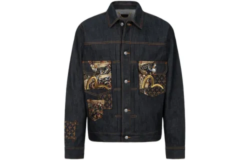 EVISU Denim Jackets Men's Denim Blue Lapel Moderate Nipped In Waist