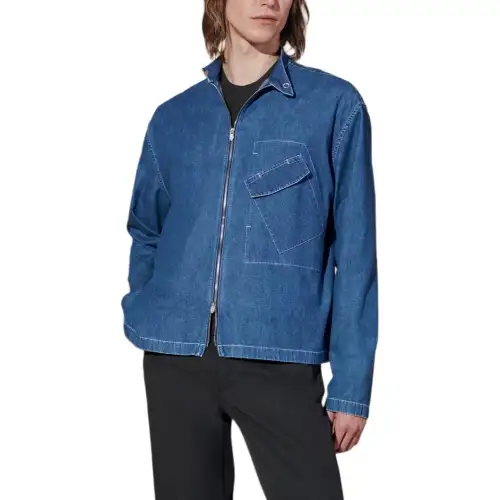 HERMES Denim Jackets Men's Blue Stand Collar Moderate Straight Fit