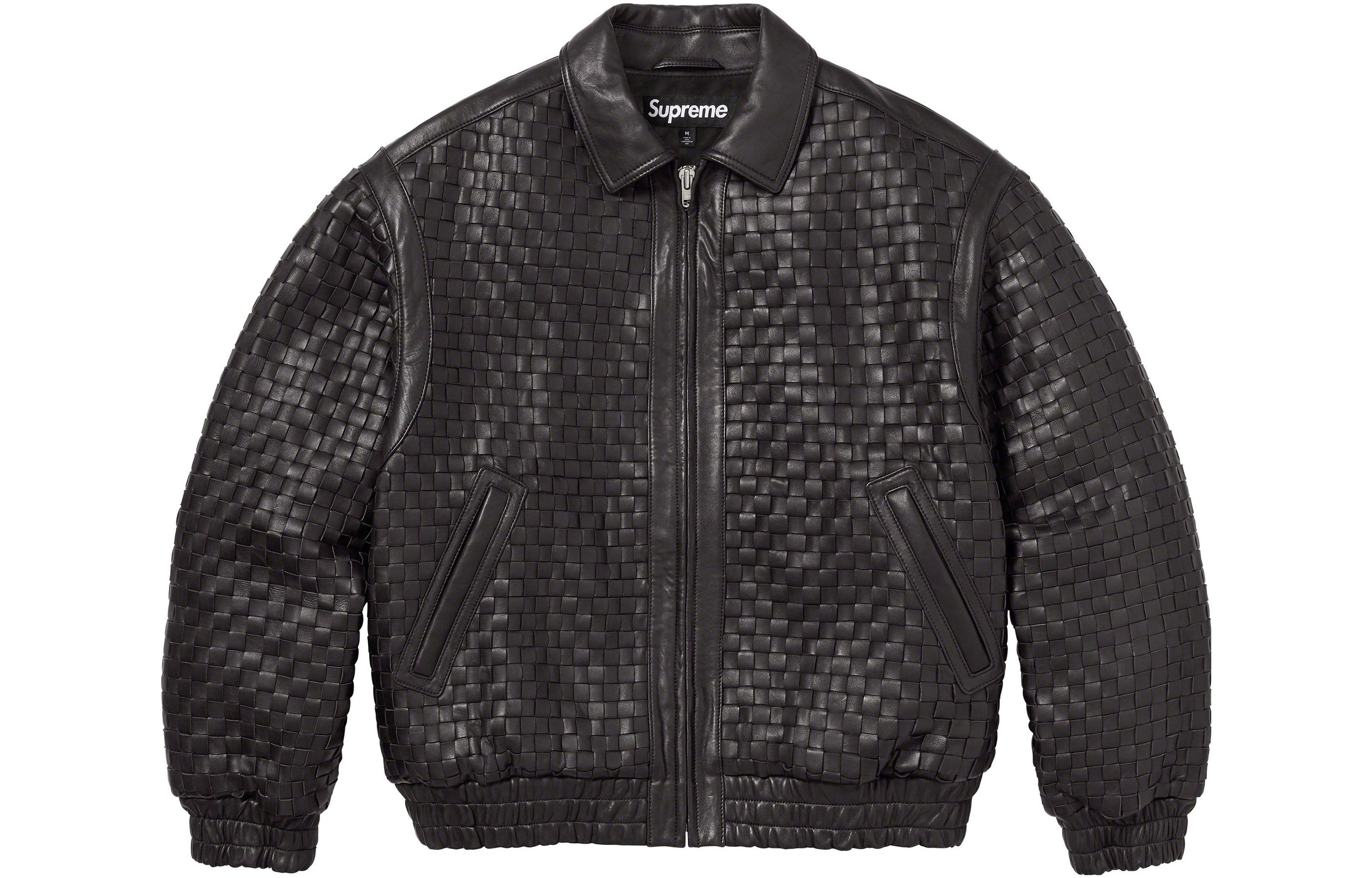 Supreme FW23 Autumn and Winter Series WEEK2 WOVEN LEATHER VARSITY JACKET Solid color leather woven back logo patch zipper lapel American trendy jacket, same style for men and women