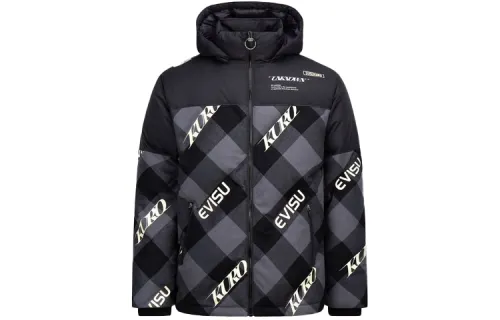 EVISU Down Jackets Men's Black Hooded Moderate Quilted Down Jacket
