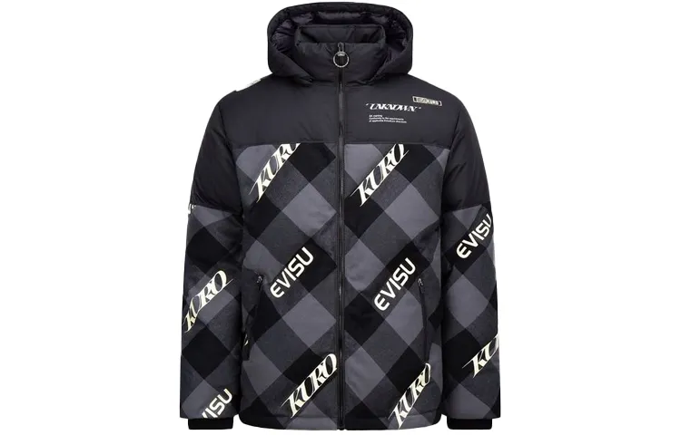 EVISU Down Jackets Men's Black Hooded Moderate Quilted Down Jacket