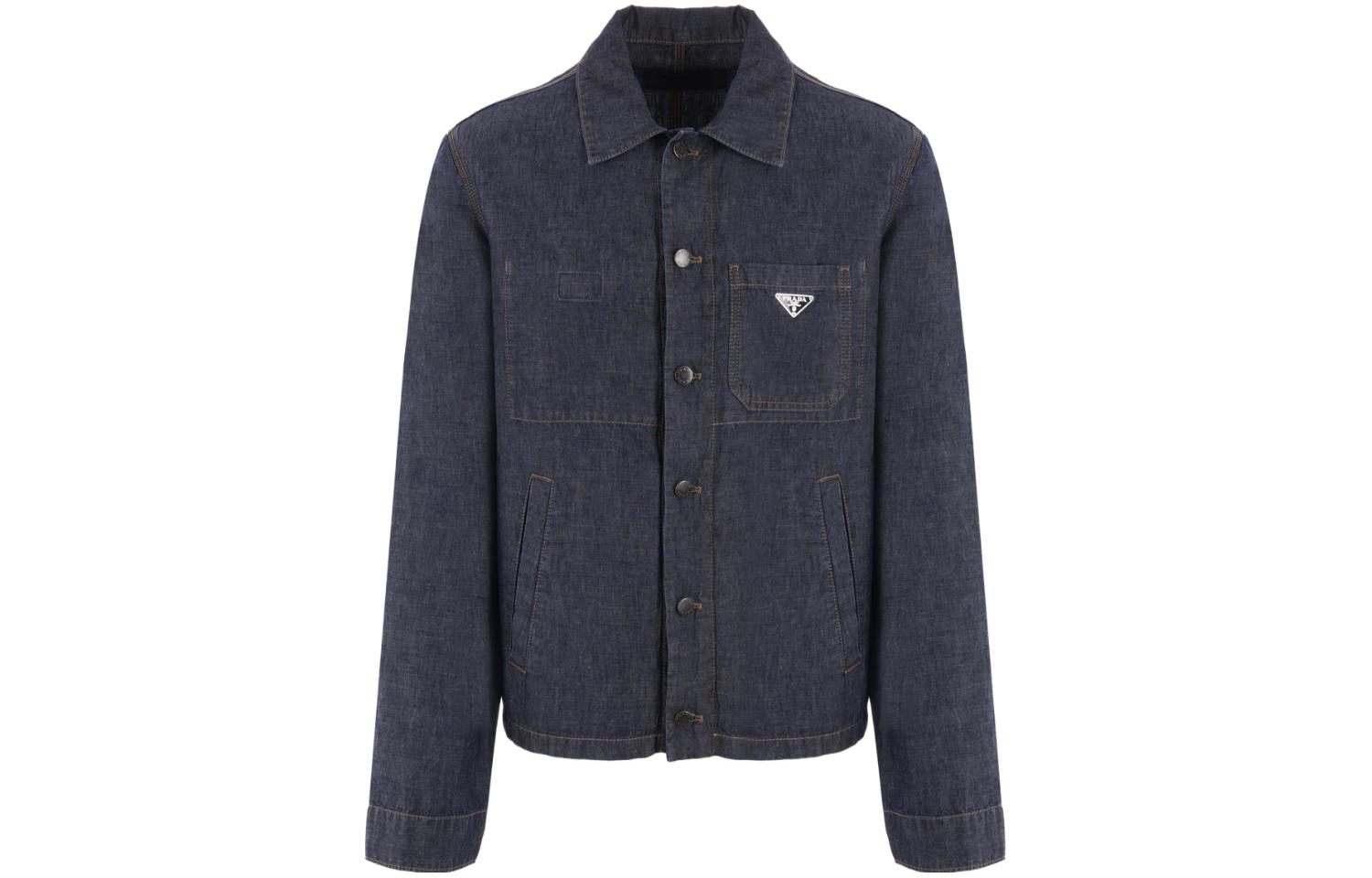 PRADA Prada FW23 Logo Patch Single Breasted Chambray Tunic Denim Jacket Men's Blue