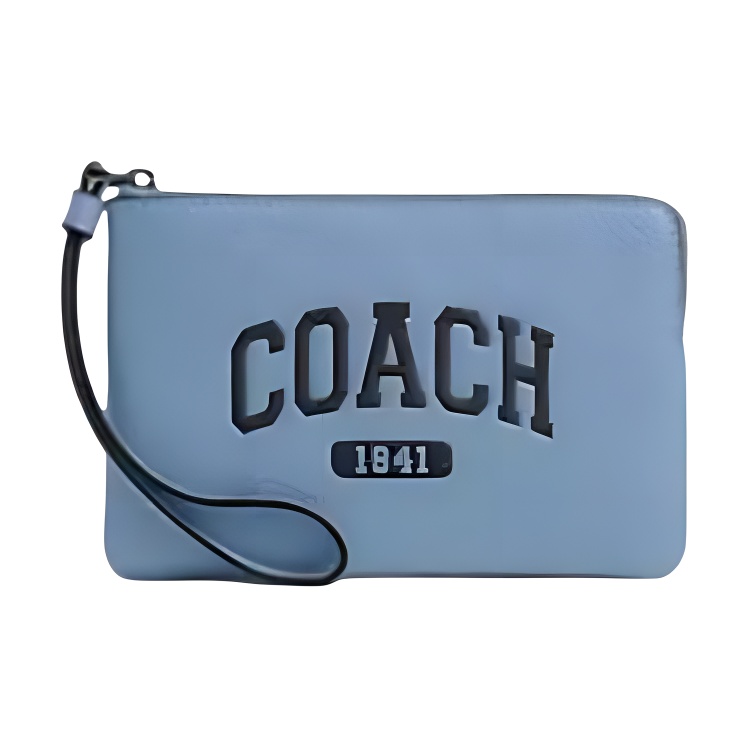 COACH Coach Corner Zip 16 Top Zip Closure Refined Pebbled Leather Clutch Wallet Women's Silver with Blue