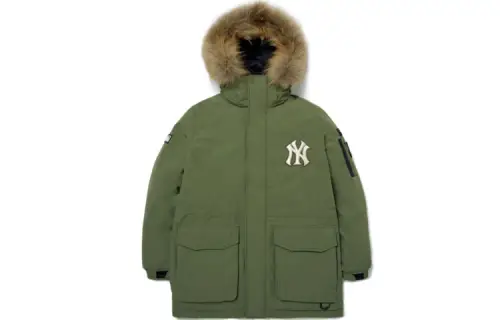 MLB Base long-sleeve with hood, winter long green down jacket for men and women, mid-length
