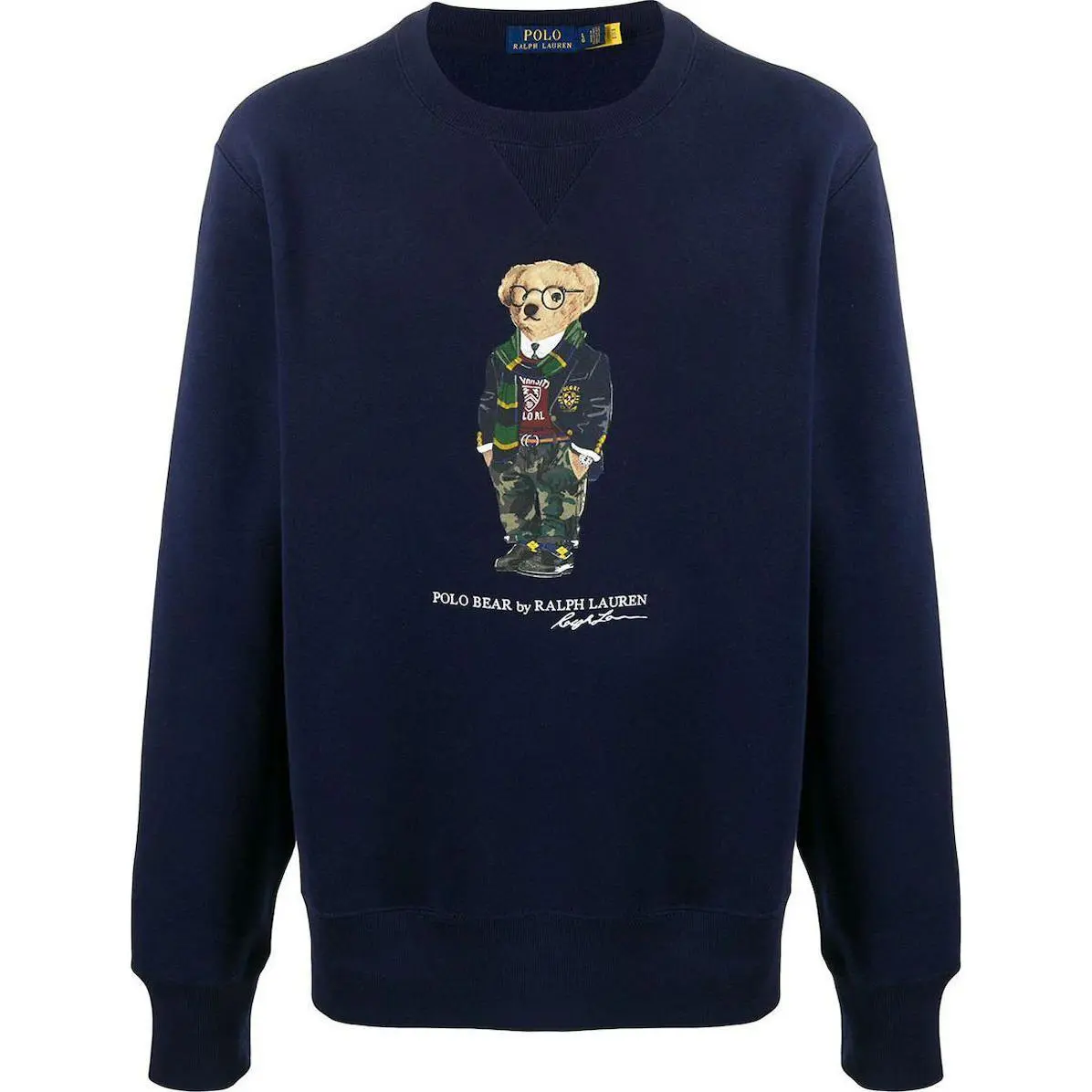 Polo Ralph Lauren FW24 Preppy Style Bear Pattern Crew Neck Fleece Lined Long Sleeved Sweatshirt Men's Marine Blue