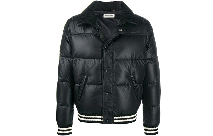 SAINT LAURENT Solid Color Stripes Stand Collar Short Down Jacket Men's Black