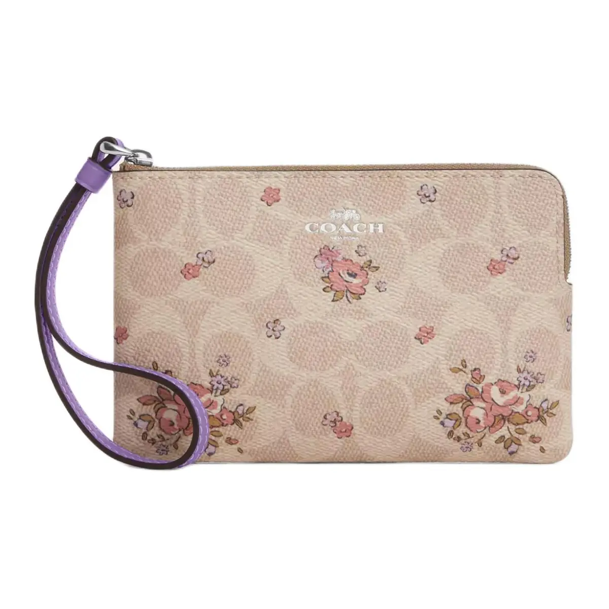 COACH Corner Zip Coated Canvas Clutch Small Women's Silver & Sand Multicolor