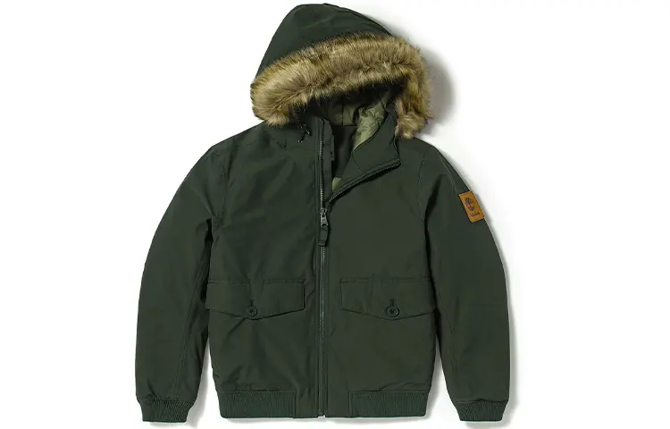 Timberland Solid Color Hooded Puffer Jacket Men's Luggage Bag Green