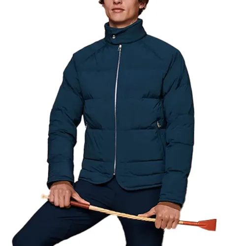 HERMES Down Jackets Men's Prussian Blue Stand Collar Moderate