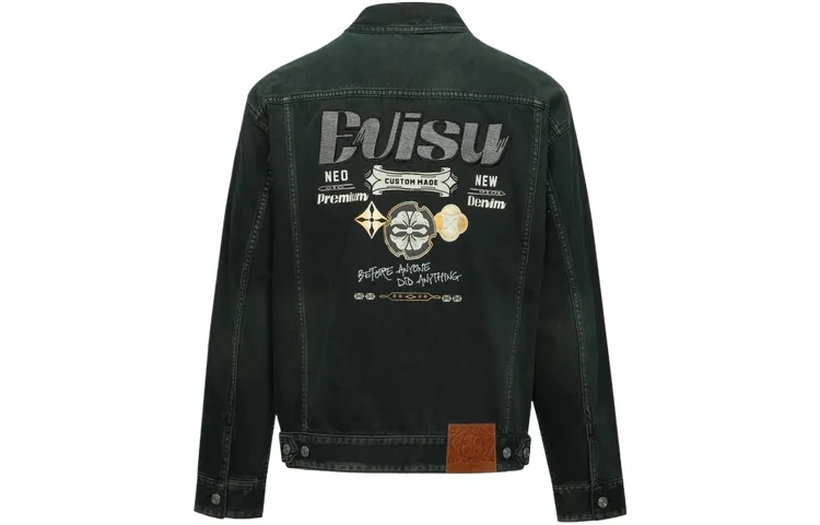 Fukushen EVISU family flower and trademark slogan embroidered denim jacket for men