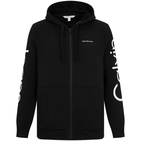 CALVIN KLEIN Casual Hooded Full Zippers Eye Catching Letter Print Fleece Lined Loose Fit Coat Jacket Men's Black