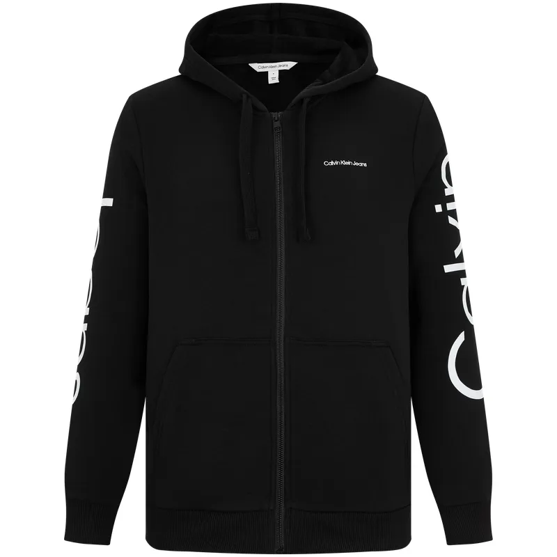 CALVIN KLEIN Casual Hooded Full Zippers Eye Catching Letter Print Fleece Lined Loose Fit Coat Jacket Men's Black