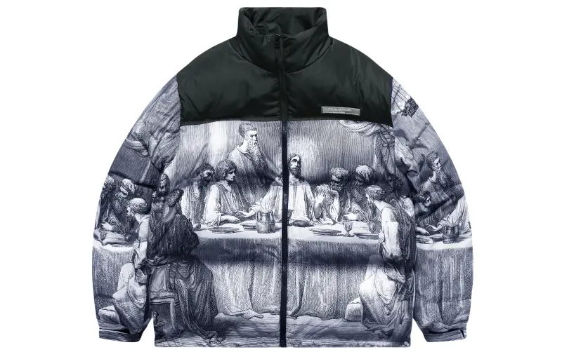 HARSH AND CRUEL Street style Last Supper full-width print splicing design casual thickened character letter color block stand-up collar loose thick down jacket men and women same style color