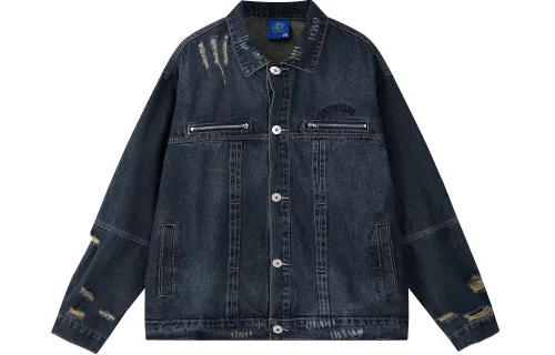 ER Denim Jackets Unisex Lapel Moderate Straight Fit