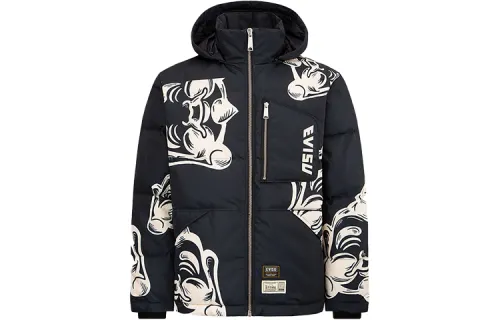 EVISU Down Jackets Men's Black All Over Print Collarless Moderate Other