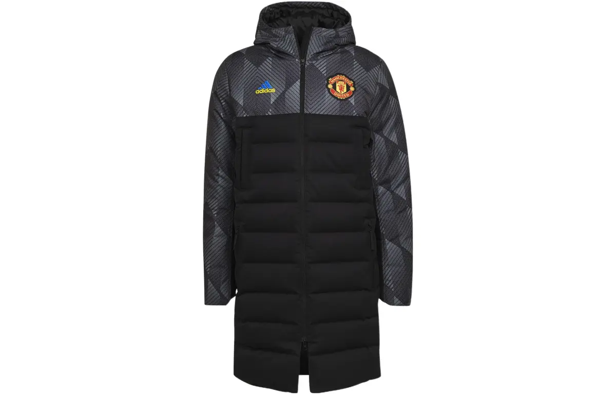Adidas Manchester United Down Jackets Men's Black Hooded Moderate Straight Fit
