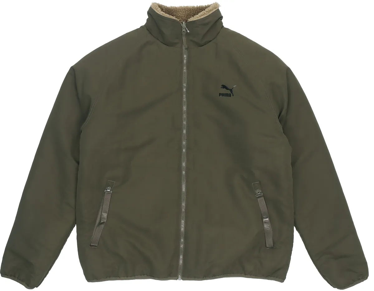 PUMA Reversible Sherpa Jacket Woven Fleece Lined Reversible Puffer Jacket Winter Men's Army Green