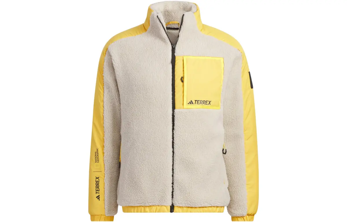 Adidas National Geographic Collab Multicolor Outdoor Thickened And Fleece Lined Retro Sports Jacket Men's Ecru