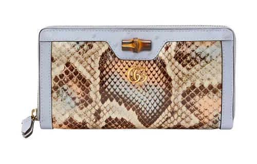 GUCCI Diana Python Skin With Ostrich Leather Trim Wallet Women's Beige/Light Blue