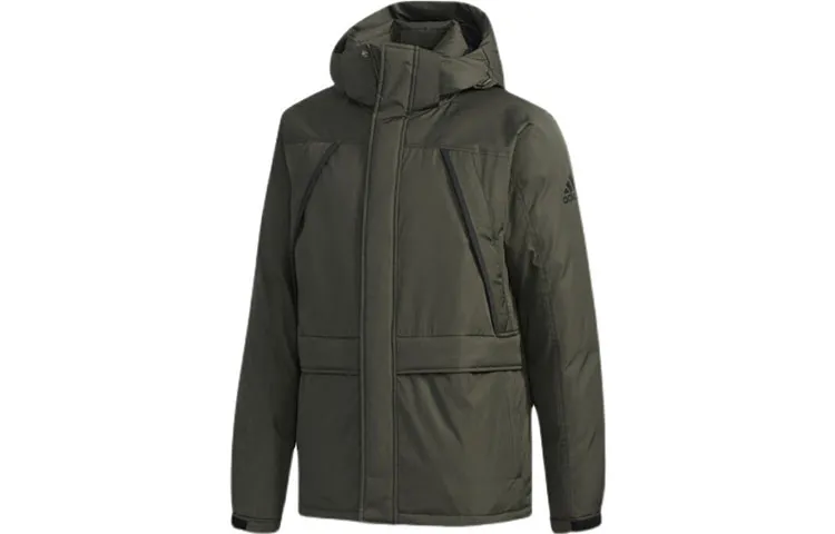 Adidas Zip Closure Solid Color Hooded Down Jacket Men's Green