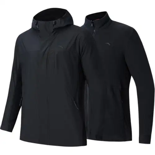 Anta Outdoor Collection Solid Color Zipper Hooded Two Piece Set Fleece Lined Sports Jackets & Coats Men's Basic Black