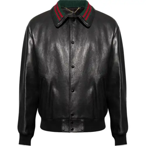 GUCCI Web Striped Detail Leather Bomber Jacket