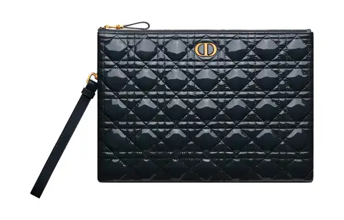 DIOR Caro Patent Leather Calfskin Handbag Clutch Large Women's Blue Black