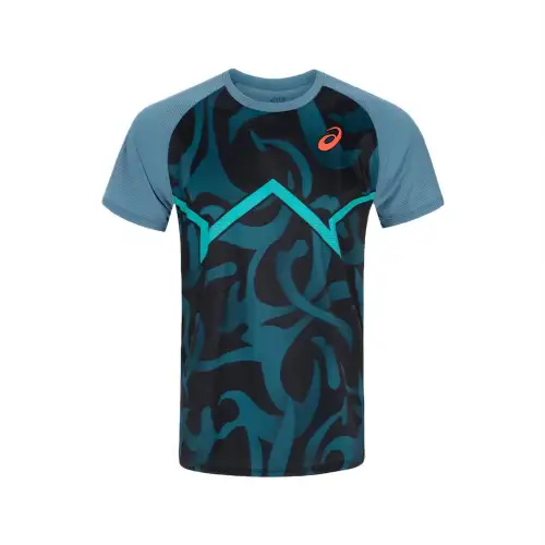 ASICS T Shirts Men's Blue Black Crew Neck Thin Straight Fit