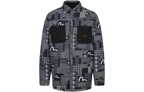 EVISU Puffer Jackets Men's Navy Blue All Over Print Lapel Moderate Other