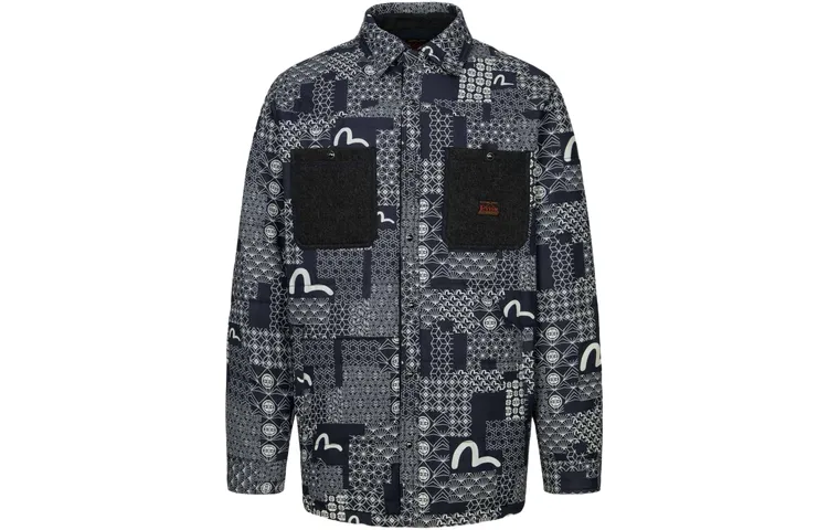 EVISU Puffer Jackets Men's Navy Blue All Over Print Lapel Moderate Other