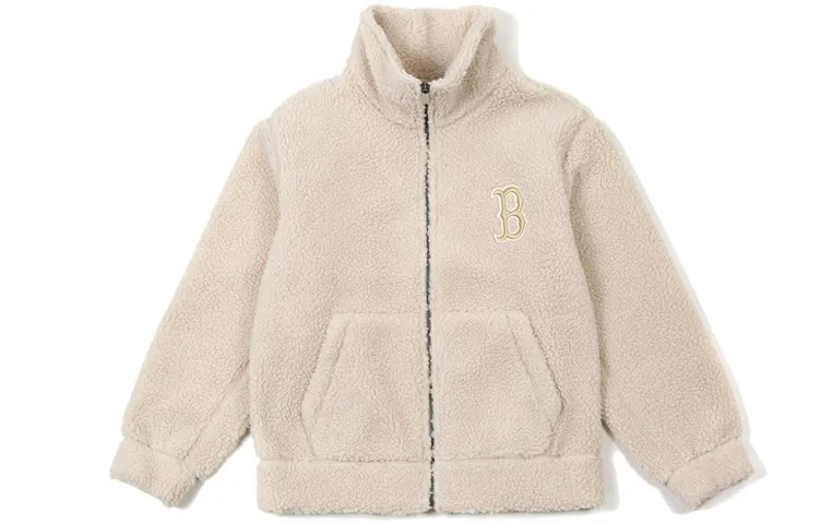 MLB Velvet Jackets Unisex Beige Baseball Collar Thickened