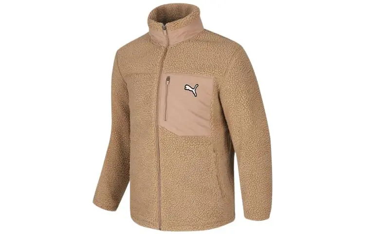 PUMA Solid Sherpa Velvet Jackets Unisex Khaki Stand Collar Thickened And Fleece-Lined