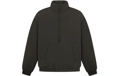 Fear of God Essentials SS23 nNylon Puffer Jacket Off Black Solid Color Logo Zipper Stand Collar Drawstring Bread Jacket American Heavyweight Drop Shoulder Sleeve Cotton Jacket Men's Light Black