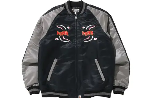 A BATHING APE Shark Series Baseball Jerseys Men's Black Baseball Collar Moderate Straight Fit