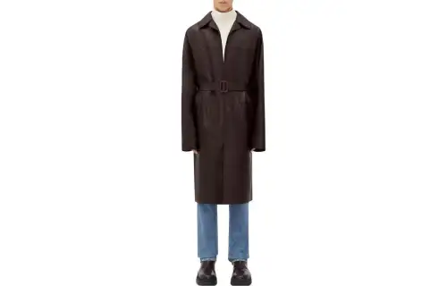 Bottega Veneta Glossy Leather Belted Coat Men's Caramel Brown