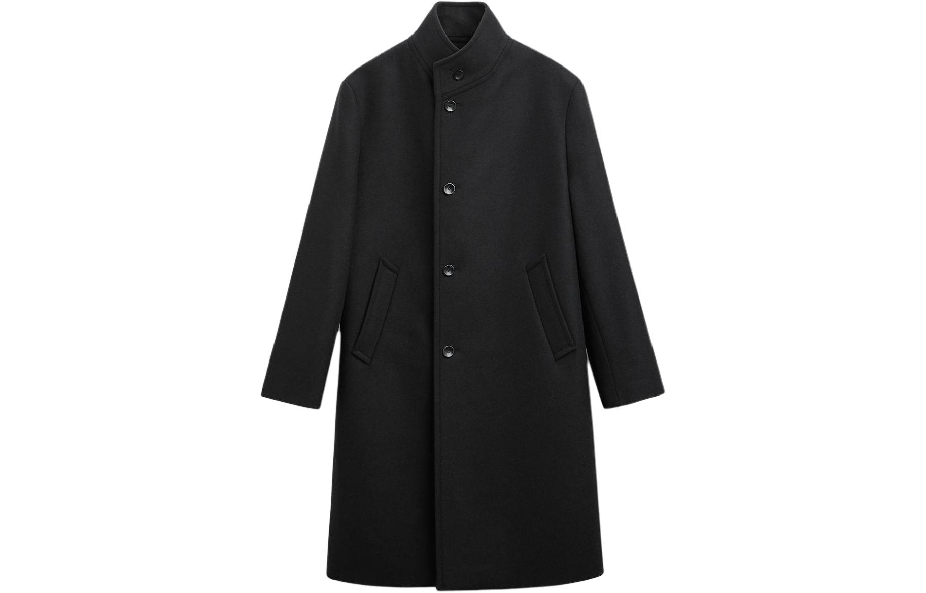 ZARA Solid color hoodless stand collar single-breasted button mid-length long-sleeved coat for men black