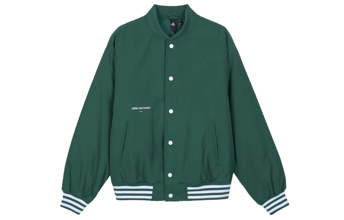 Adidas Puffer Jackets Men's Forest Green/White Baseball Collar Moderate Puffer Jacket